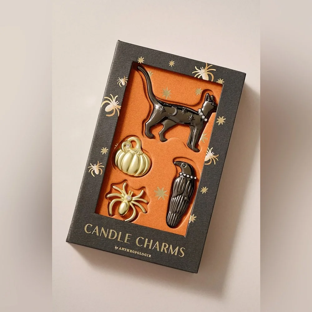 Anthropologie Golden & Black Cat Raven Pumpkin Halloween Candle Charms NWT
